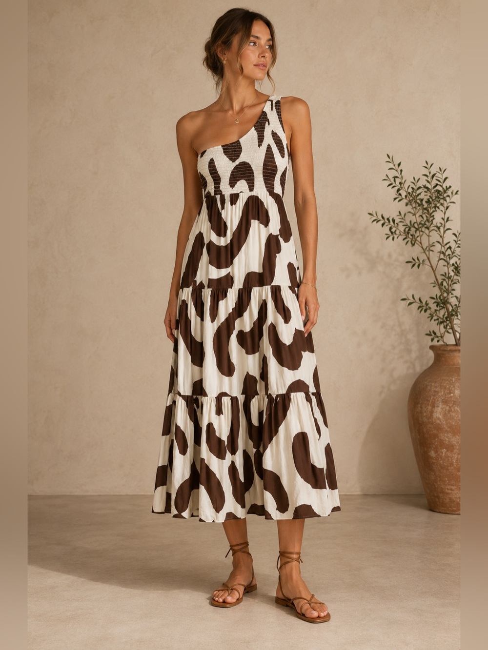 Abel The Label Anthropologie One Shoulder Smocked Abstract Tiered Midi Dress L